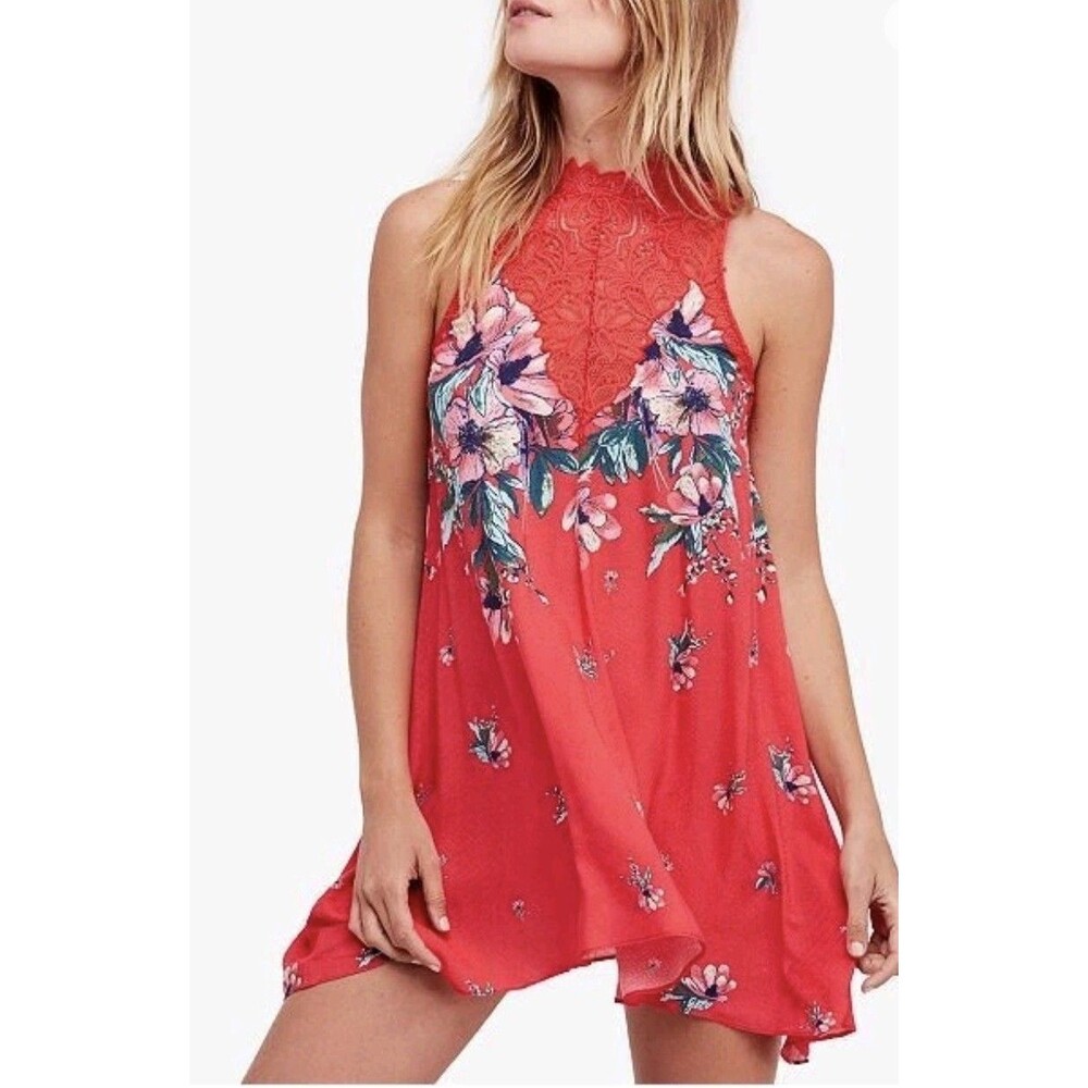 Free People Red Hot Shea Printed Mini Dress Size L Floral Lace Panel High Neck